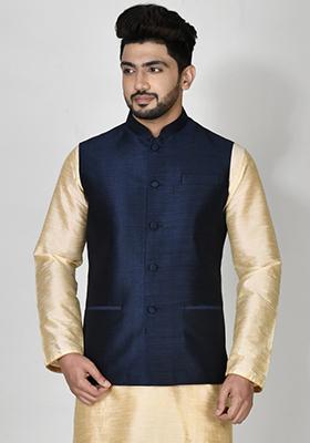 Blue Solid Silk Nehru Jacket For Men