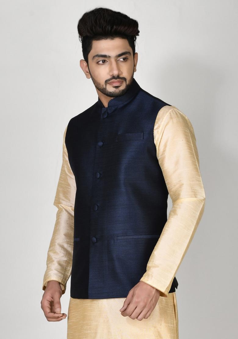 Blue Solid Silk Nehru Jacket For Men