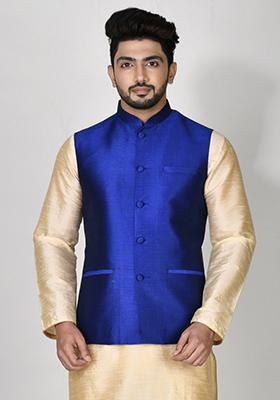 Blue Solid Silk Nehru Jacket For Men