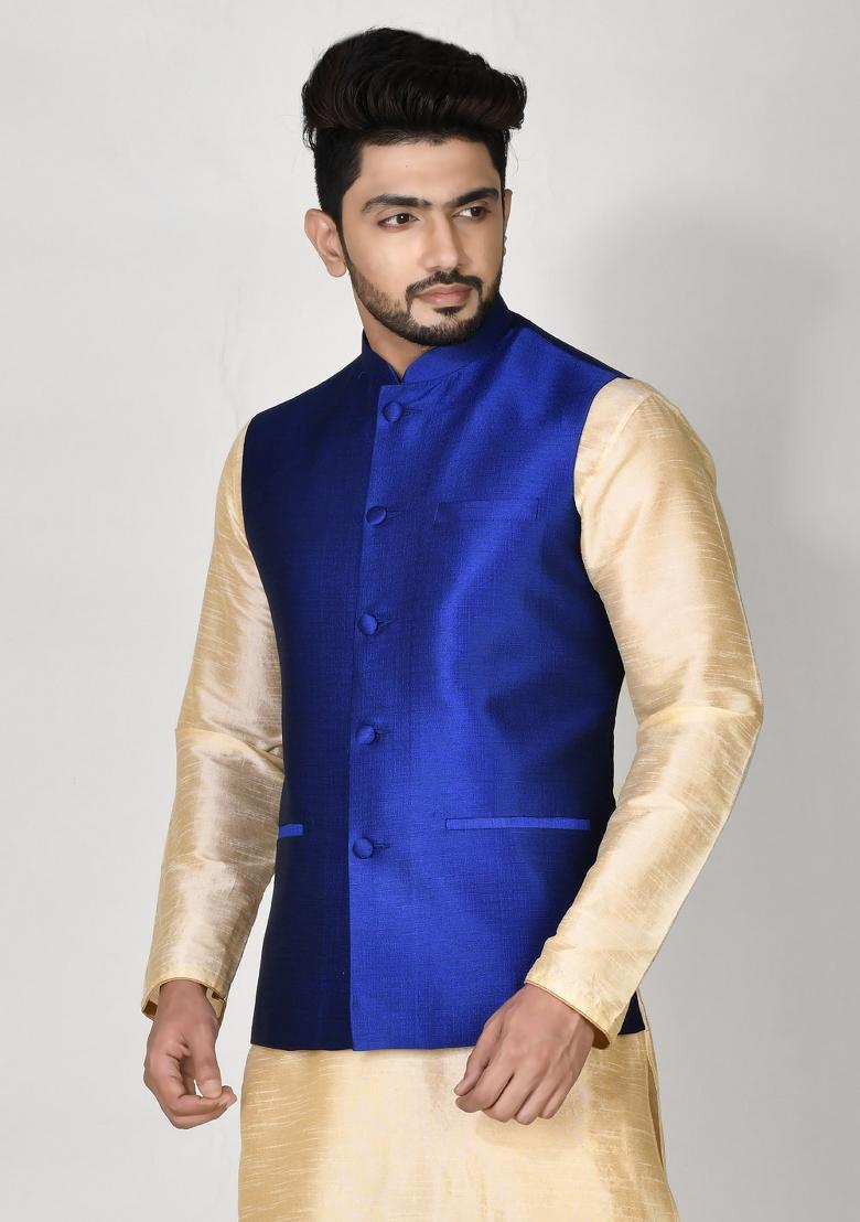 Blue Solid Silk Nehru Jacket For Men