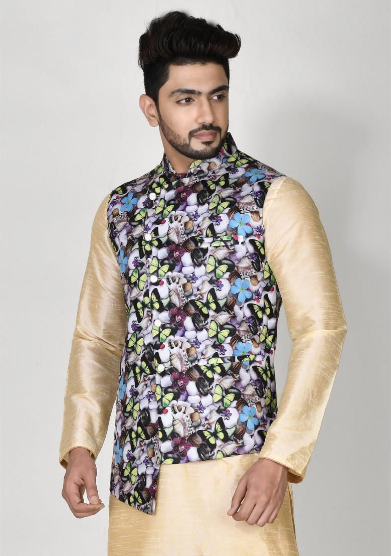 Multi Printed Cotton Nehru Jacket For Men