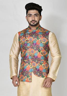 Multi Printed Silk Nehru Jacket For Men
