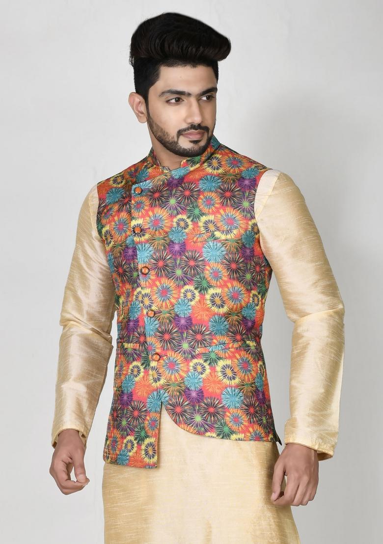 Multi Printed Silk Nehru Jacket For Men