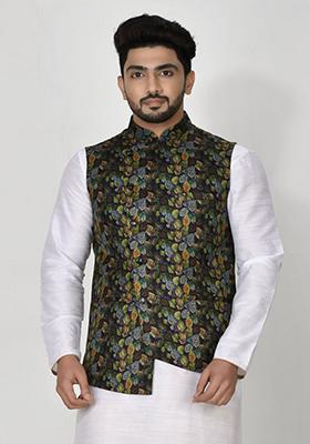 Multi Printed Silk Nehru Jacket For Men
