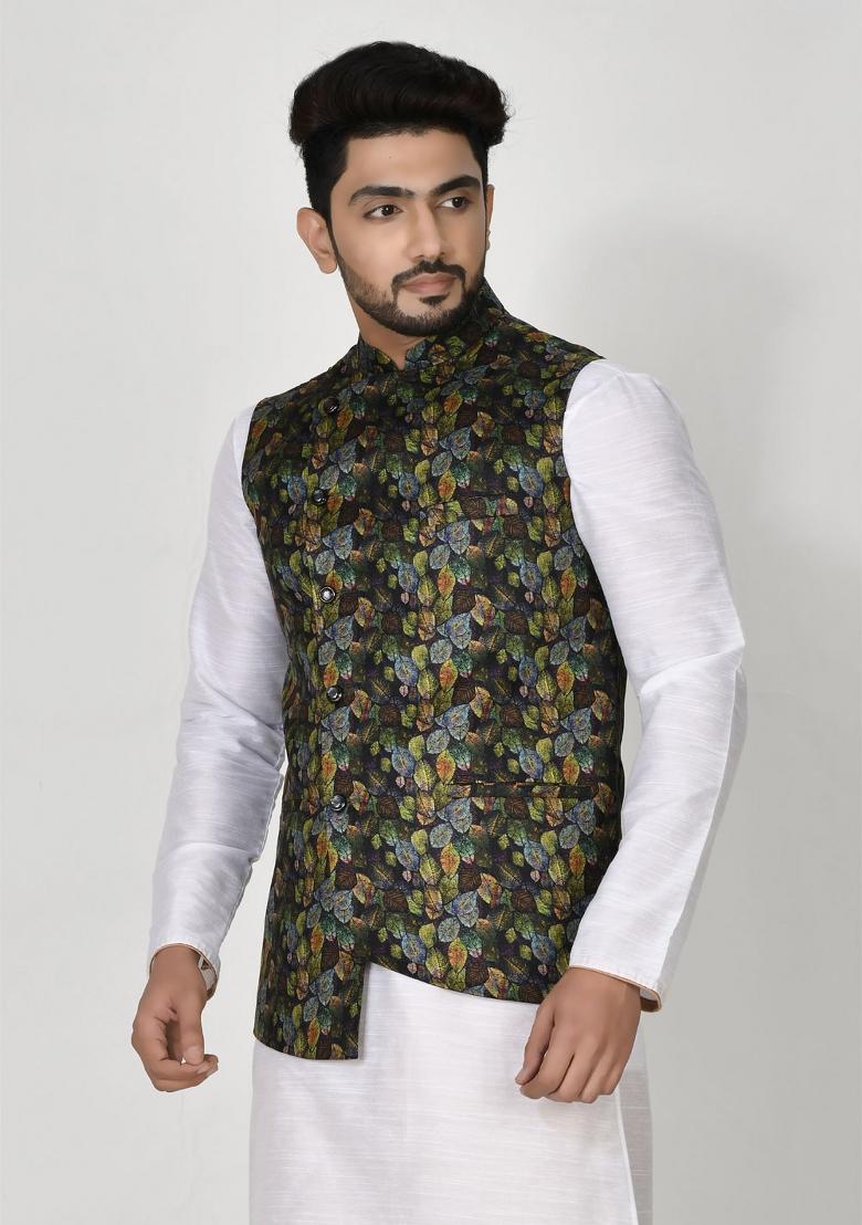 Multi Printed Silk Nehru Jacket For Men
