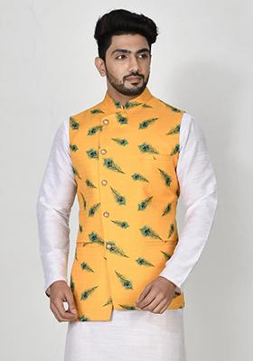 Multi Printed Silk Nehru Jacket For Men