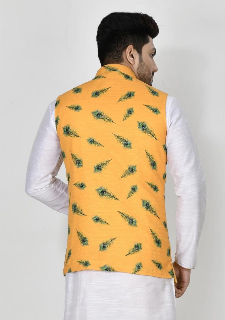 Multi Printed Silk Nehru Jacket For Men