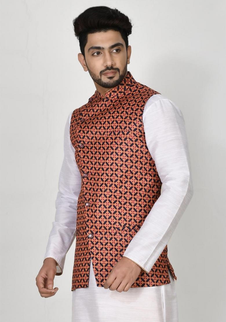 Multi Printed Silk Nehru Jacket For Men