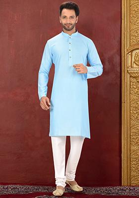 Sky Blue Solid Cotton Blend Kurta Set For Men