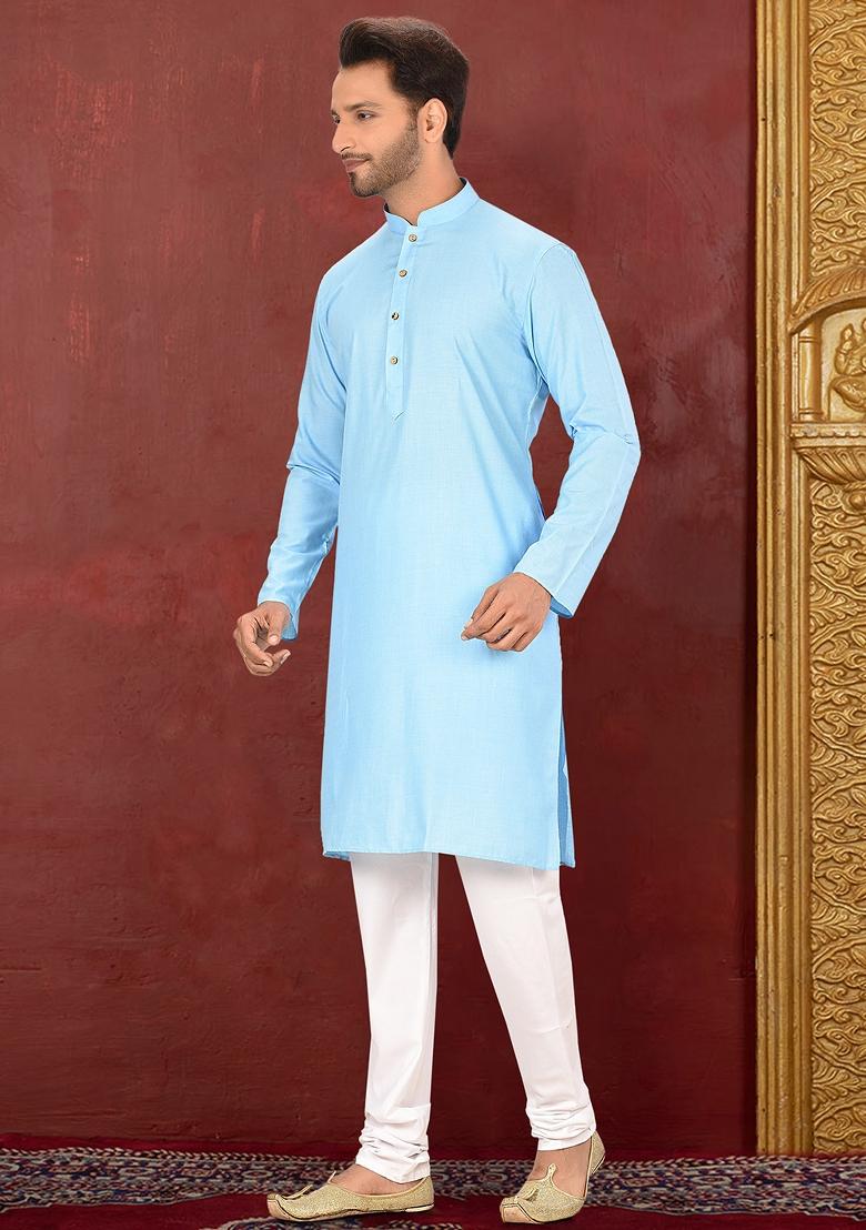 Sky Blue Solid Cotton Blend Kurta Set For Men