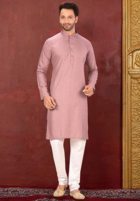 Mauve Blue Solid Cotton Blend Kurta Set For Men