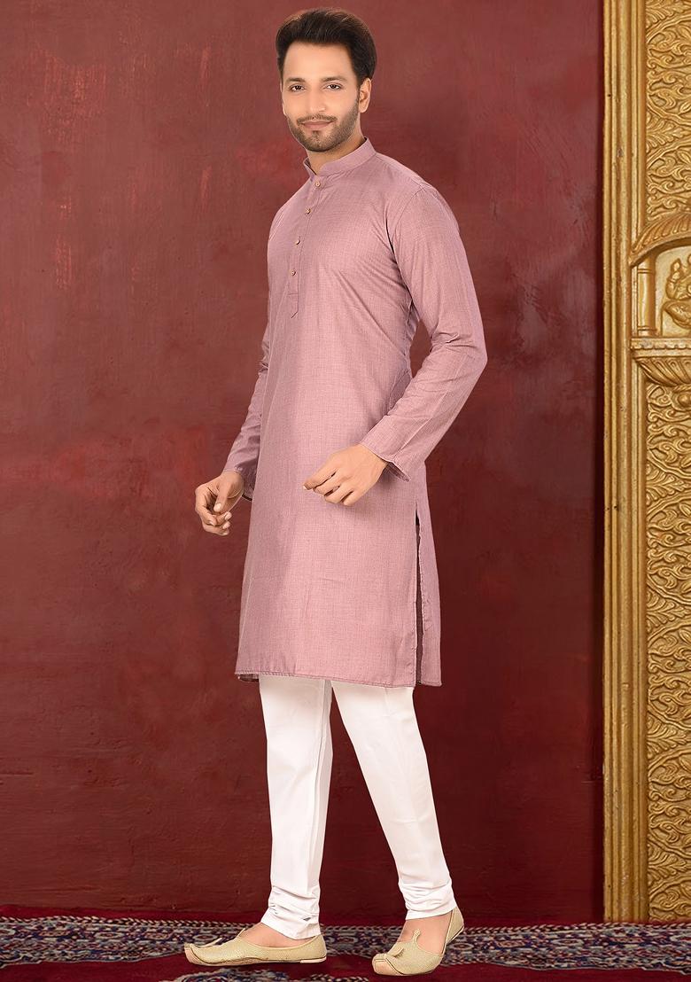 Mauve Blue Solid Cotton Blend Kurta Set For Men