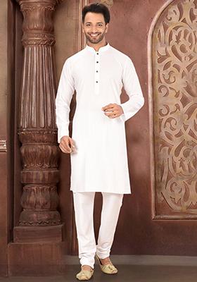 White Solid Cotton Blend Kurta Set For Men