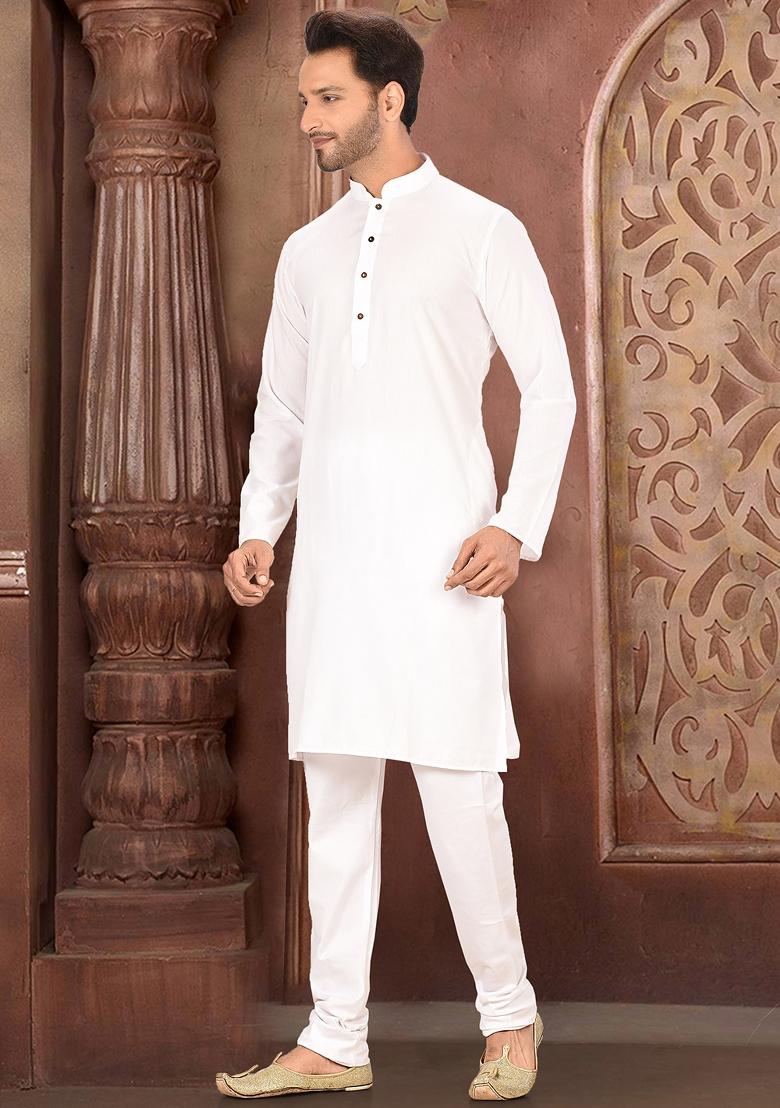 White Solid Cotton Blend Kurta Set For Men