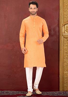 Orange Solid Cotton Kurta Set For Men