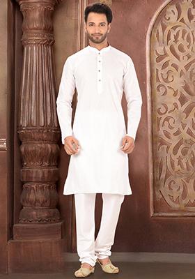 White Solid Cotton Kurta Set For Men