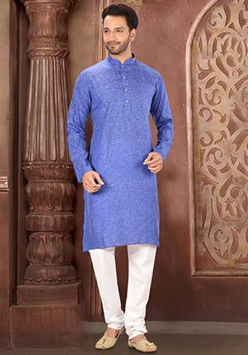 Blue Solid Cotton Kurta Set For Men