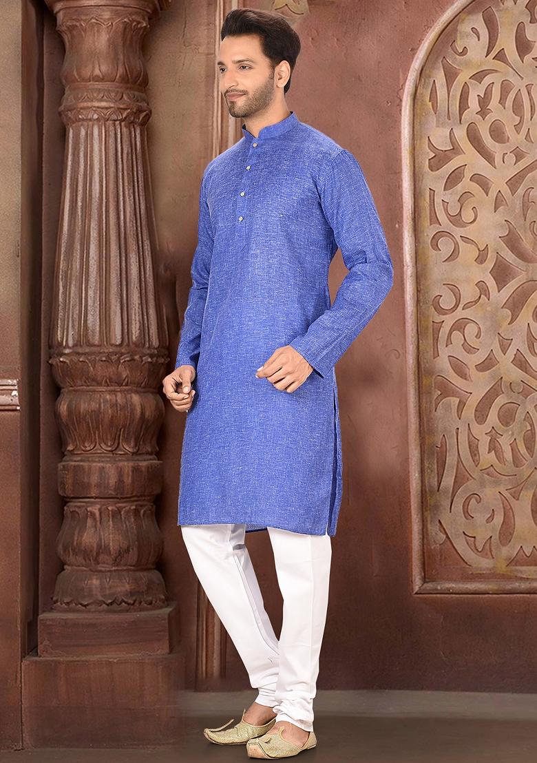 Blue Solid Cotton Kurta Set For Men