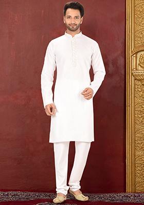 White Embroidered Cotton Kurta Set For Men