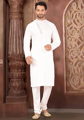 White Embroidered Cotton Blend Kurta Set For Men