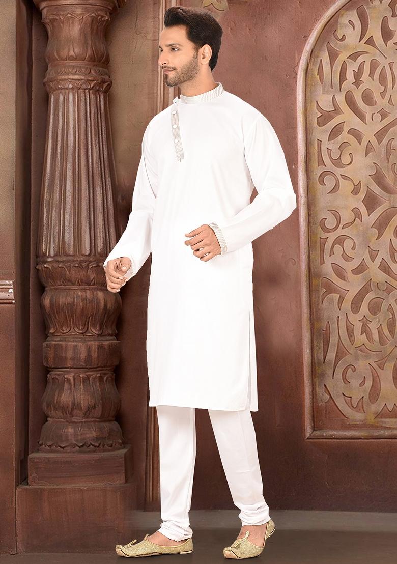 White Embroidered Cotton Blend Kurta Set For Men