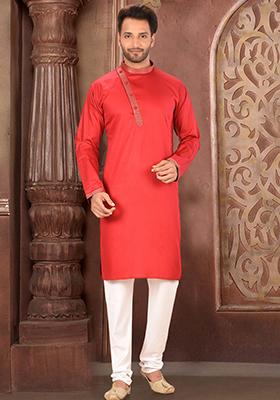 Red Embroidered Cotton Blend Kurta Set For Men
