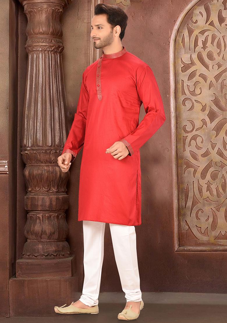 Red Embroidered Cotton Blend Kurta Set For Men