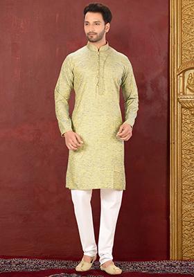 Olive Green Embroidered Cotton Blend Kurta Set For Men