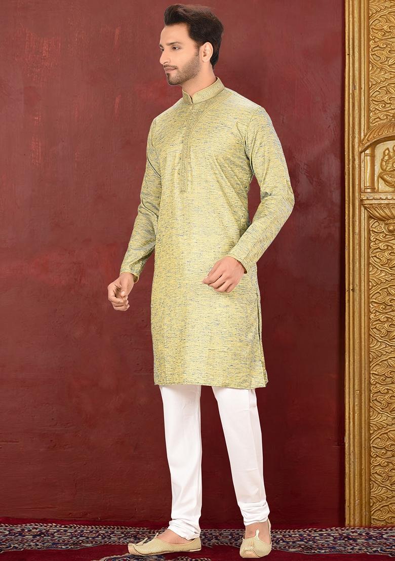 Olive Green Embroidered Cotton Blend Kurta Set For Men