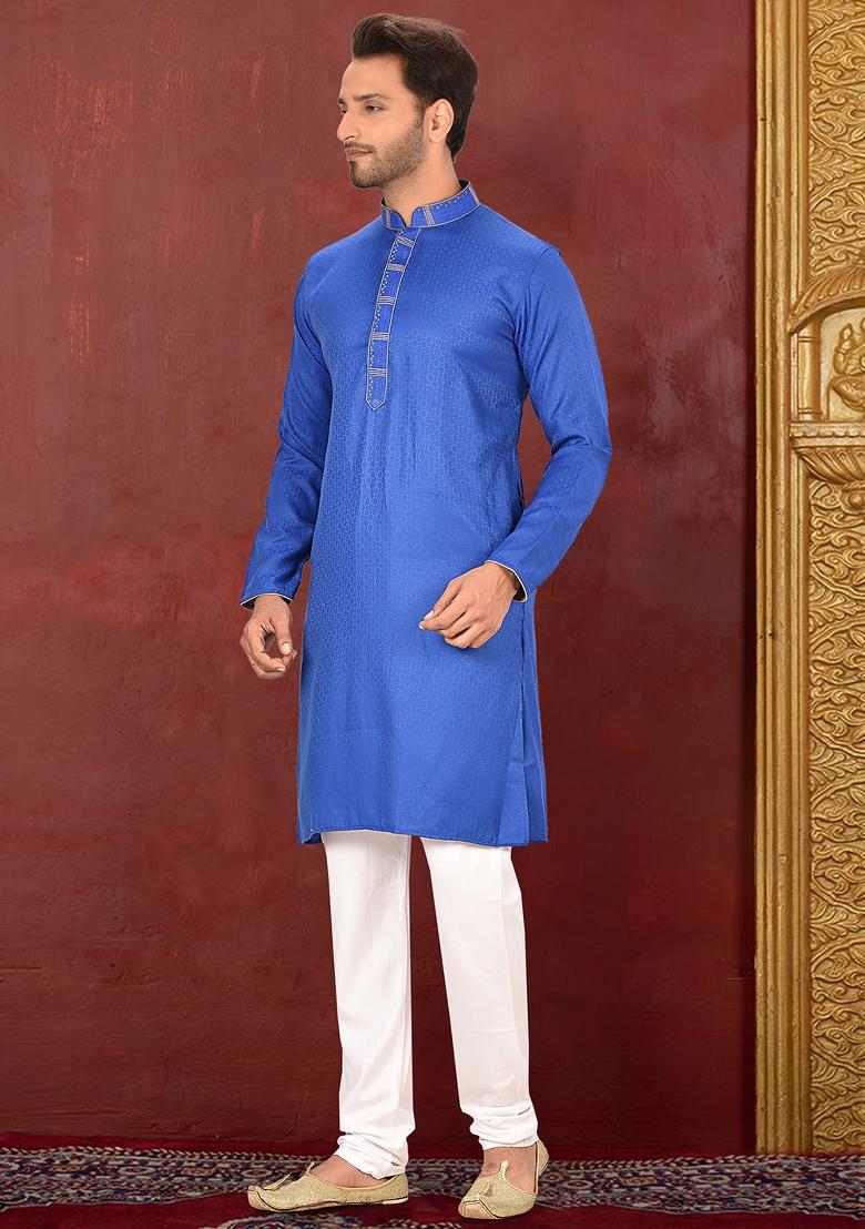 Blue Embroidered Cotton Blend Kurta Set For Men