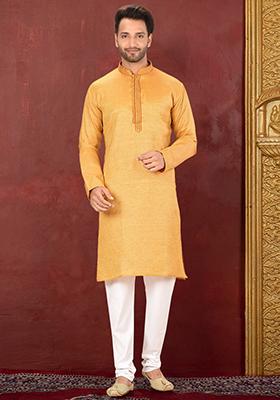 Mustard Yellow Embroidered Cotton Blend Kurta Set For Men