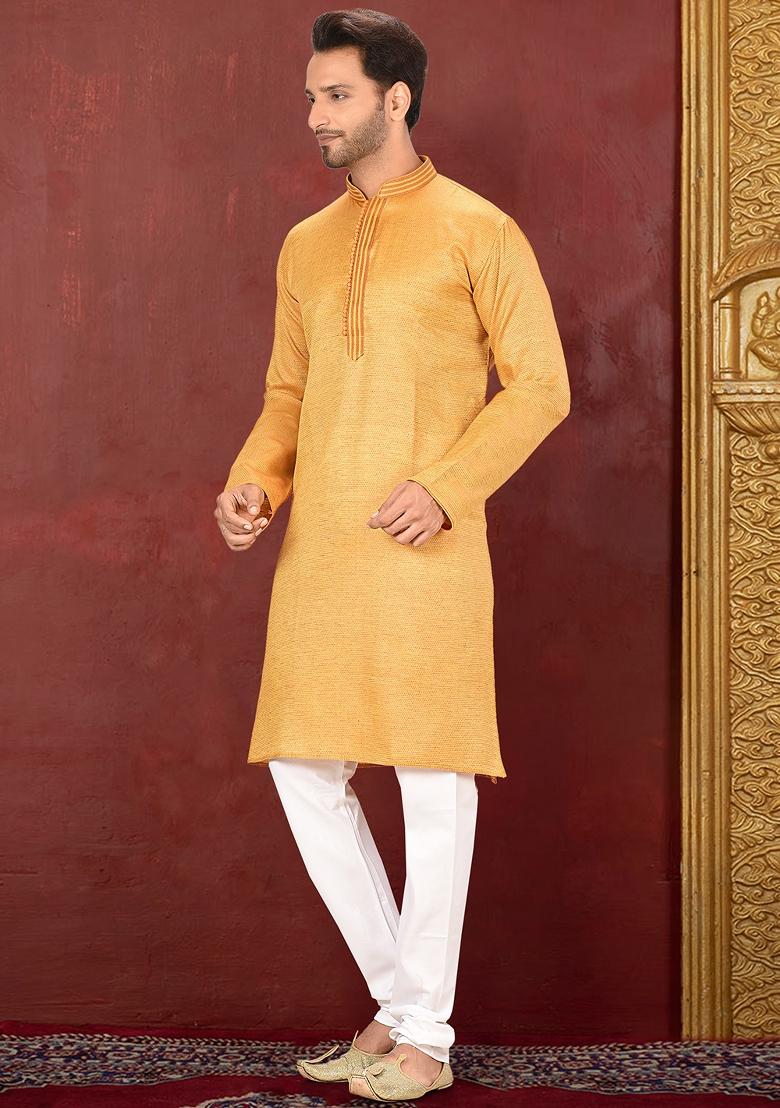 Mustard Yellow Embroidered Cotton Blend Kurta Set For Men