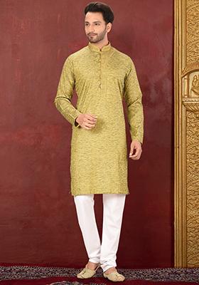 Olive Green Embroidered Cotton Blend Kurta Set For Men