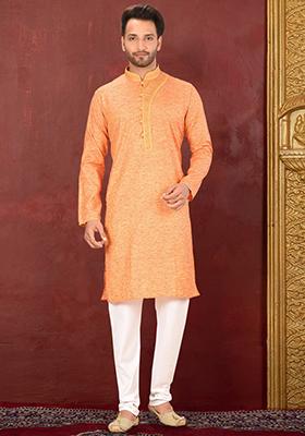 Orange Embroidered Cotton Blend Kurta Set For Men