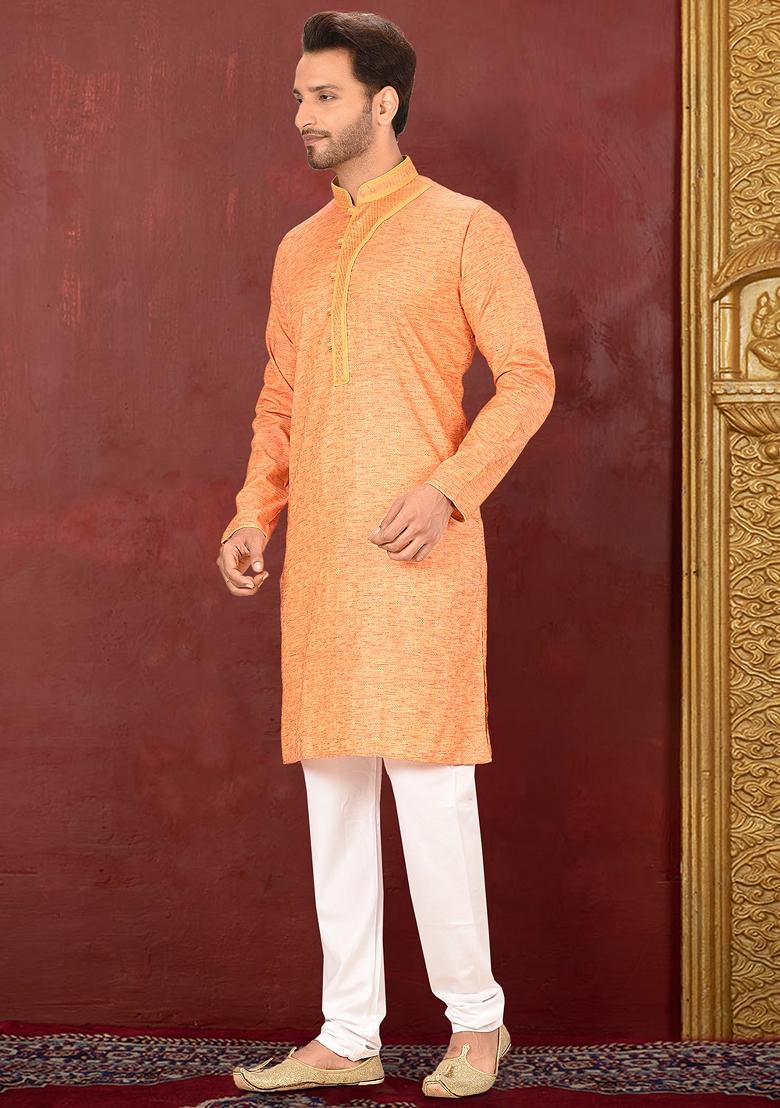 Orange Embroidered Cotton Blend Kurta Set For Men