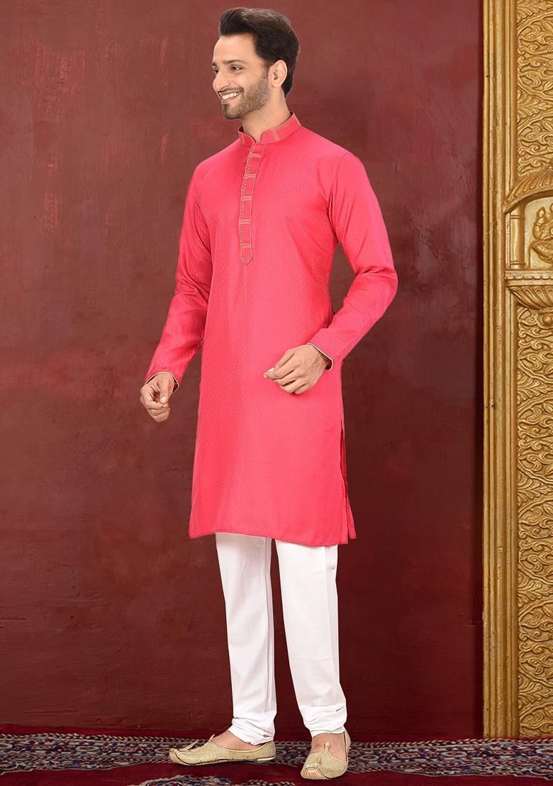Pink Embroidered Cotton Blend Kurta Set For Men