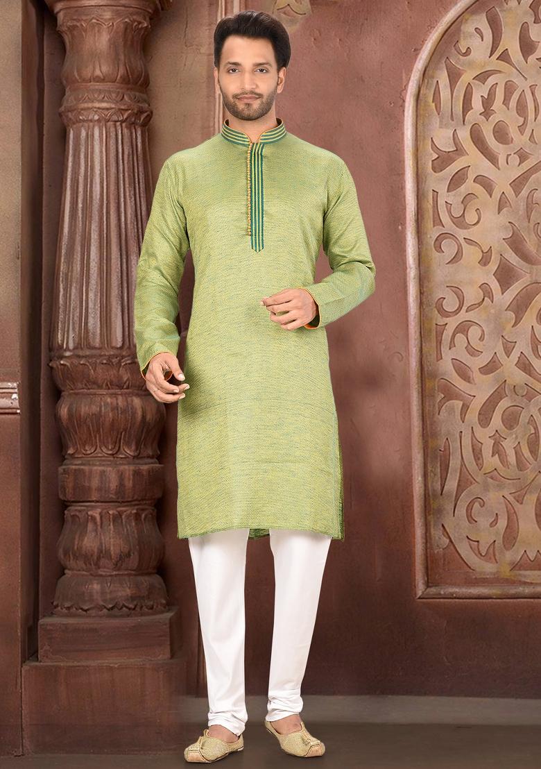Pastel Embroidered Cotton Blend Kurta Set For Men
