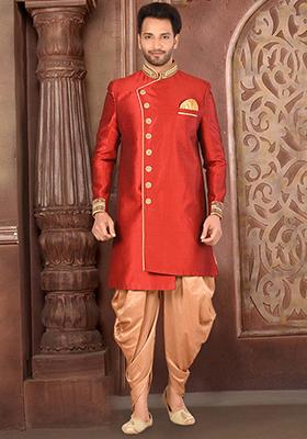 Red Hand Embroidered Silk Indo Western Sherwani Set For Men