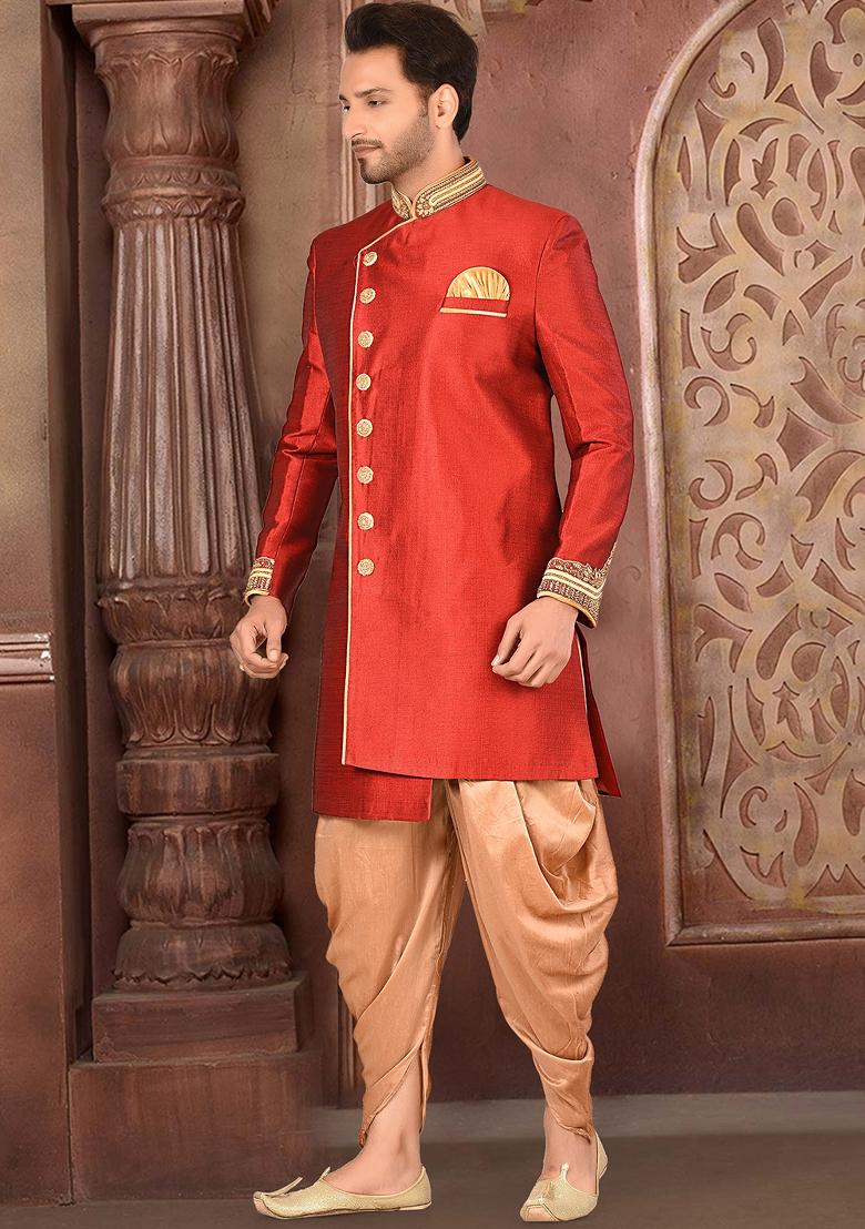 Red Hand Embroidered Silk Indo Western Sherwani Set For Men