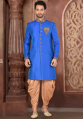 Blue Hand Embroidered Silk Indo Western Sherwani Set For Men