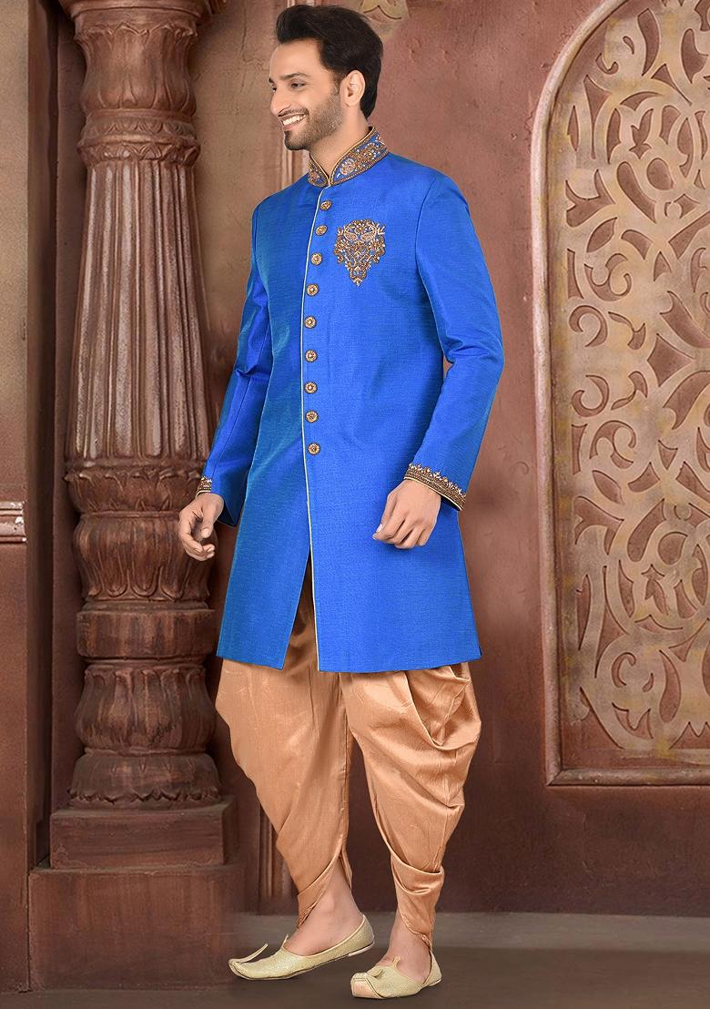 Blue Hand Embroidered Silk Indo Western Sherwani Set For Men