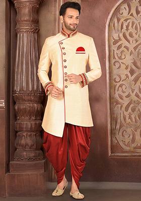 Beige Hand Embroidered Silk Indo Western Sherwani Set For Men