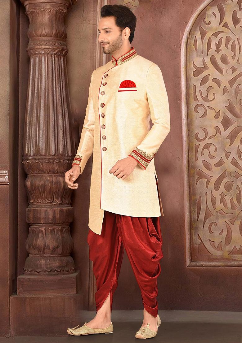 Beige Hand Embroidered Silk Indo Western Sherwani Set For Men