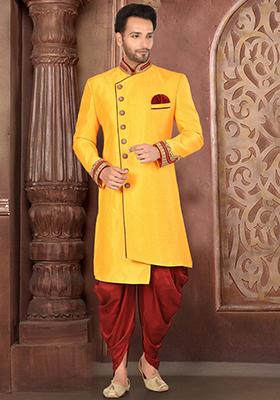 Yellow Hand Embroidered Silk Indo Western Sherwani Set For Men