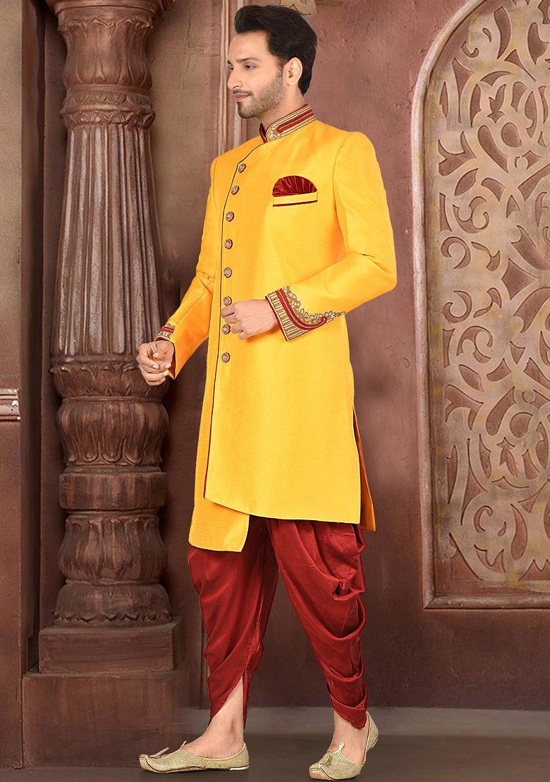 Yellow Hand Embroidered Silk Indo Western Sherwani Set For Men