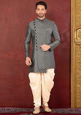 Grey Embroidered Tissue Indo Western Sherwani Set For Men