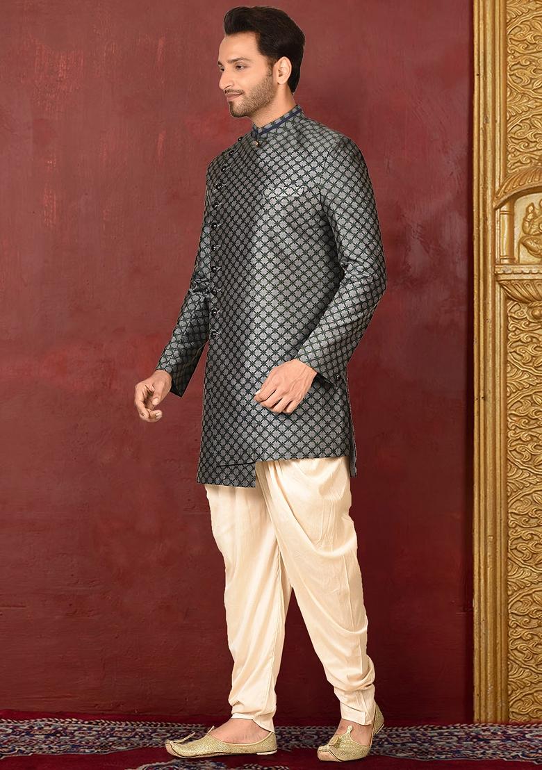 Grey Embroidered Tissue Indo Western Sherwani Set For Men