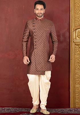 Beige Embroidered Tissue Indo Western Sherwani Set For Men