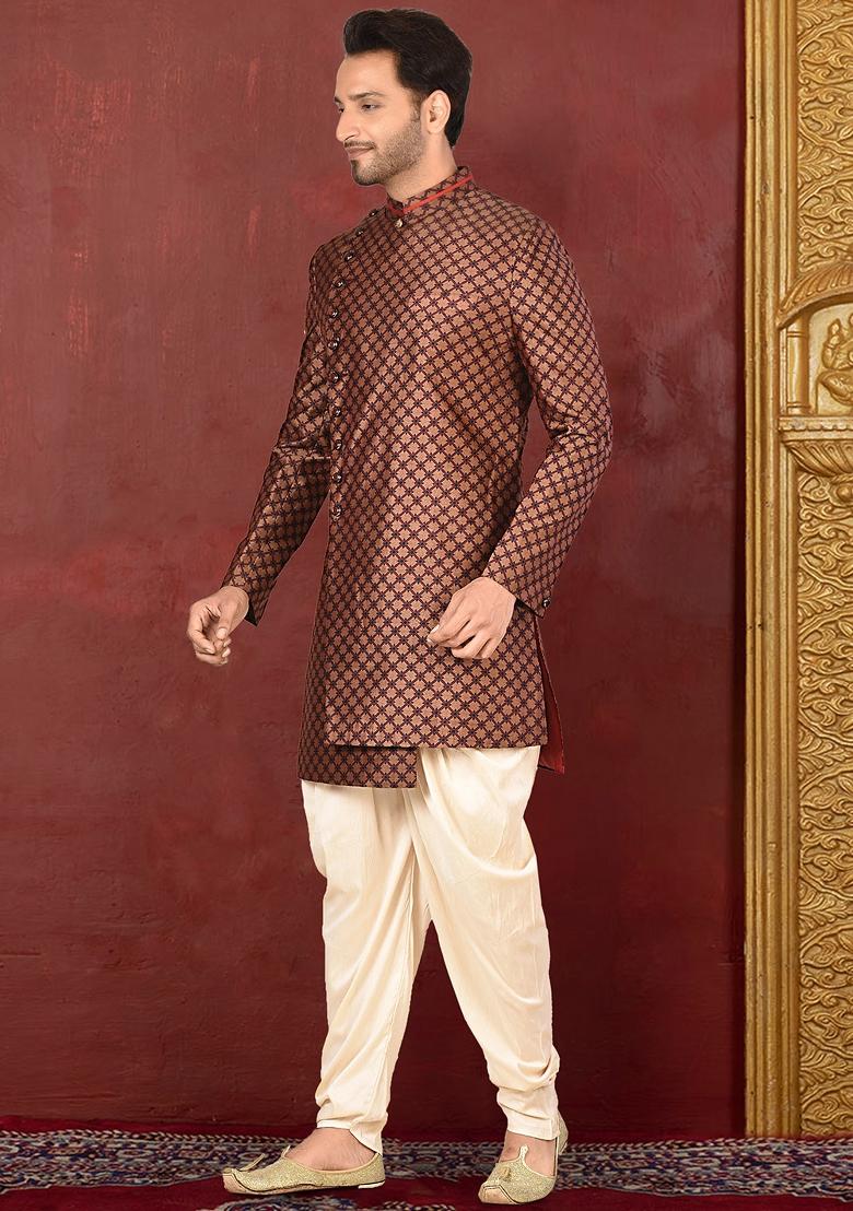 Beige Embroidered Tissue Indo Western Sherwani Set For Men