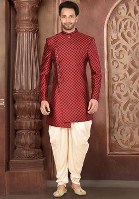 Red Embroidered Tissue Indo Western Sherwani Set For Men